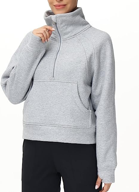 Womens' Half Zip Pullover Fleece Stand Collar Crop Sweatshirt with Pockets